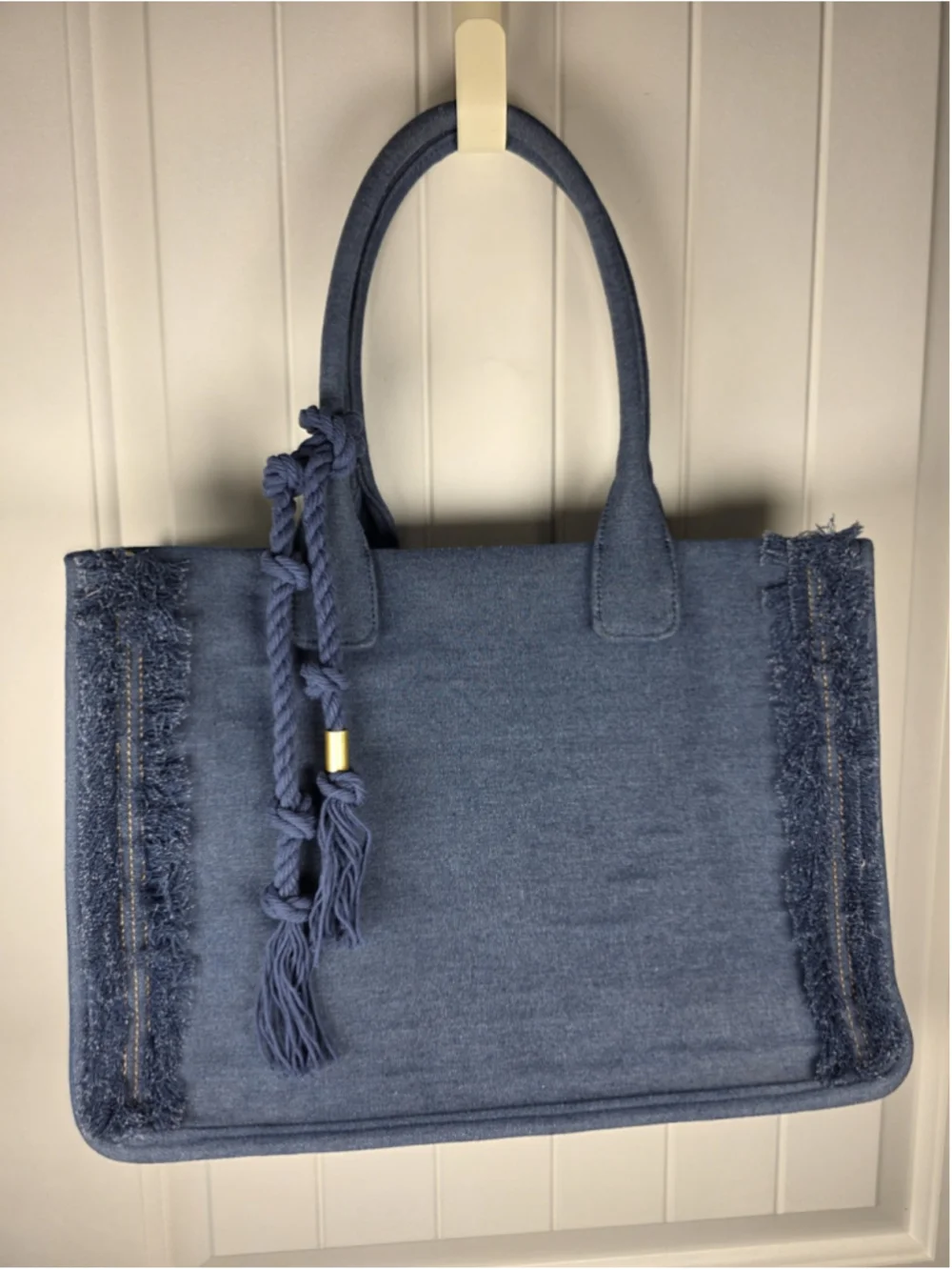 Vince Camuto Orla Denim Tote Bag Blue Fringe Tassel Large Boho Handbag